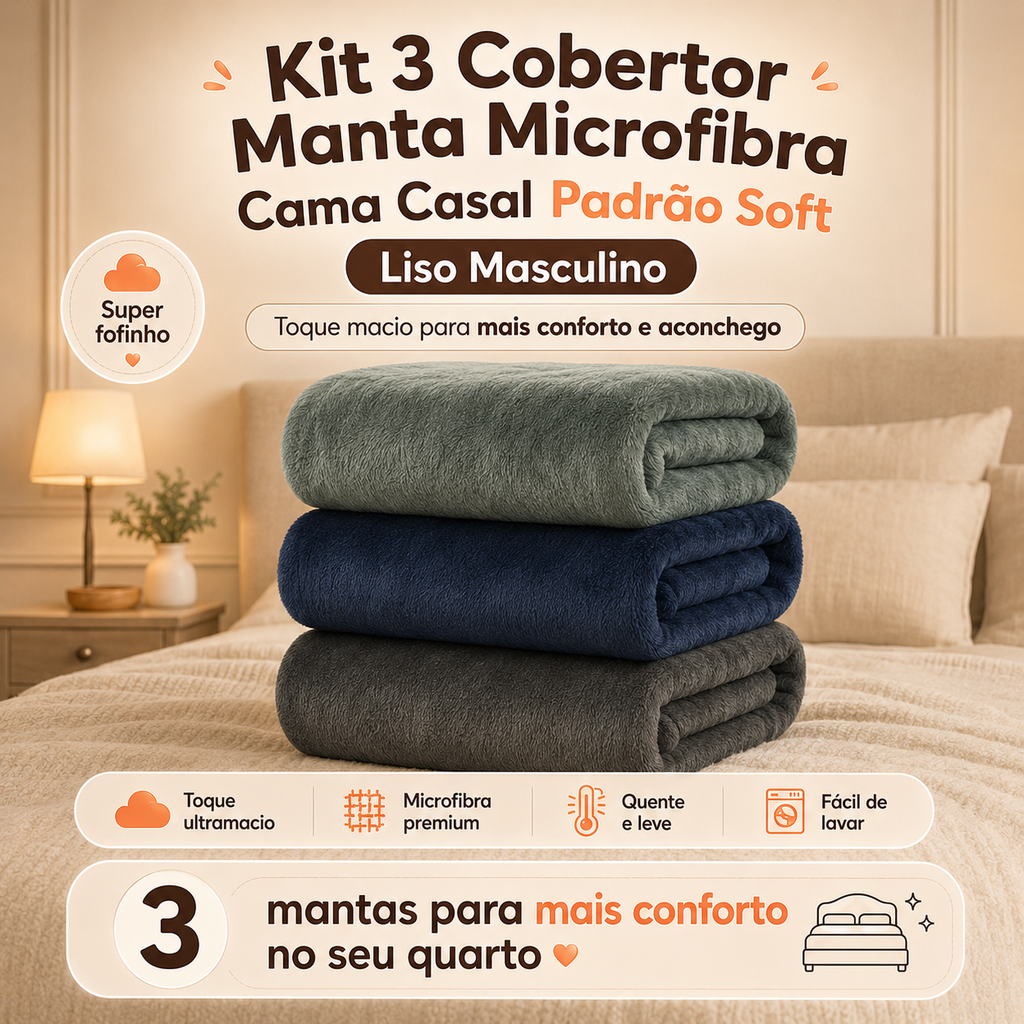 Kit 3 Cobertor Manta Microfibra Cama Casal Padrão Soft Estampada